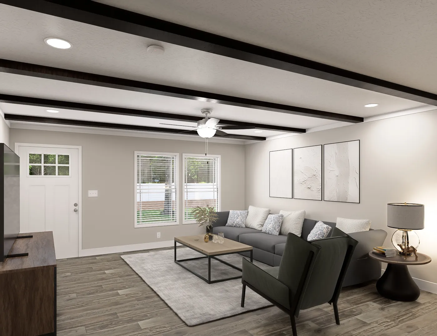 The BROOKLINE FLEX 32 WIDE Living Room. This Manufactured Mobile Home features 4 bedrooms and 3 baths.