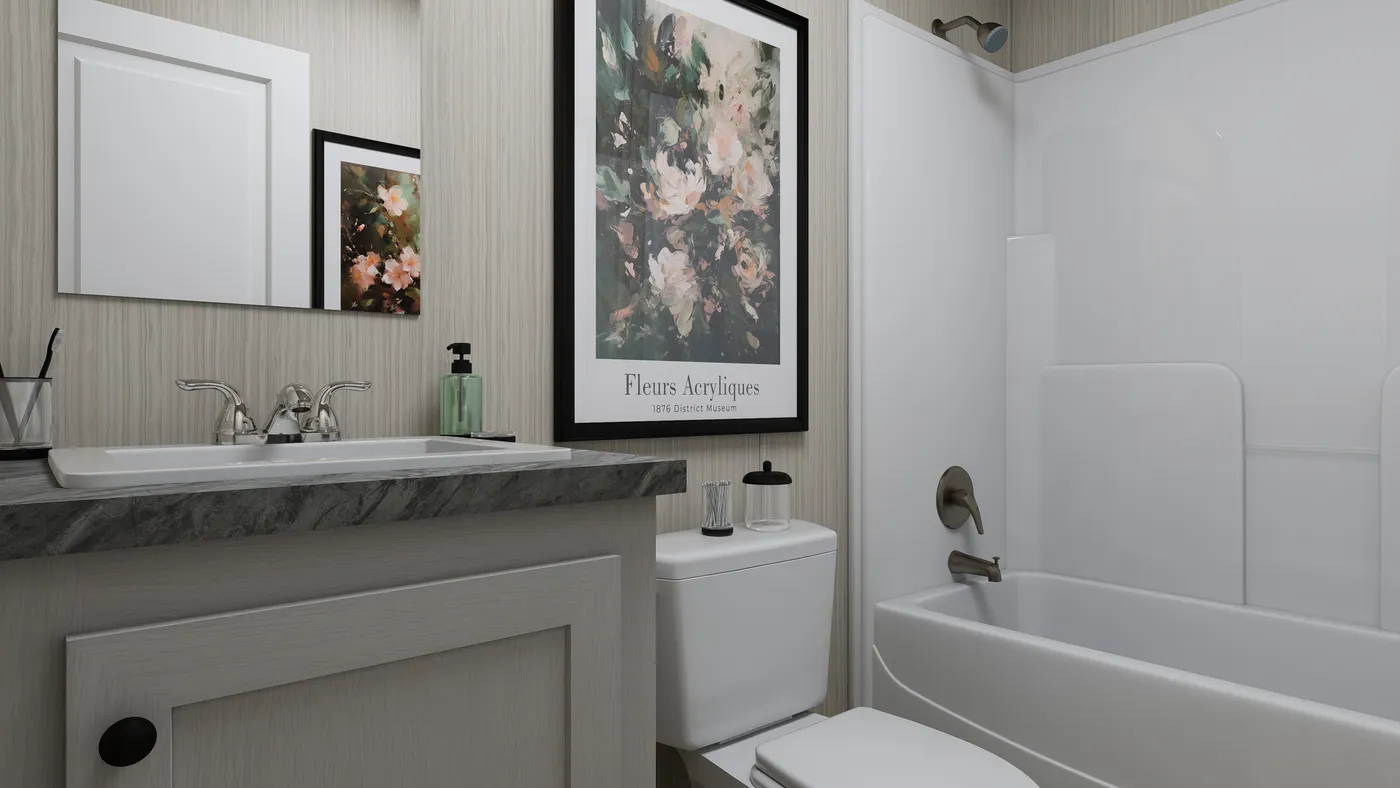 The GLACIER VISTA Guest Bathroom. This Manufactured Mobile Home features 4 bedrooms and 2 baths.