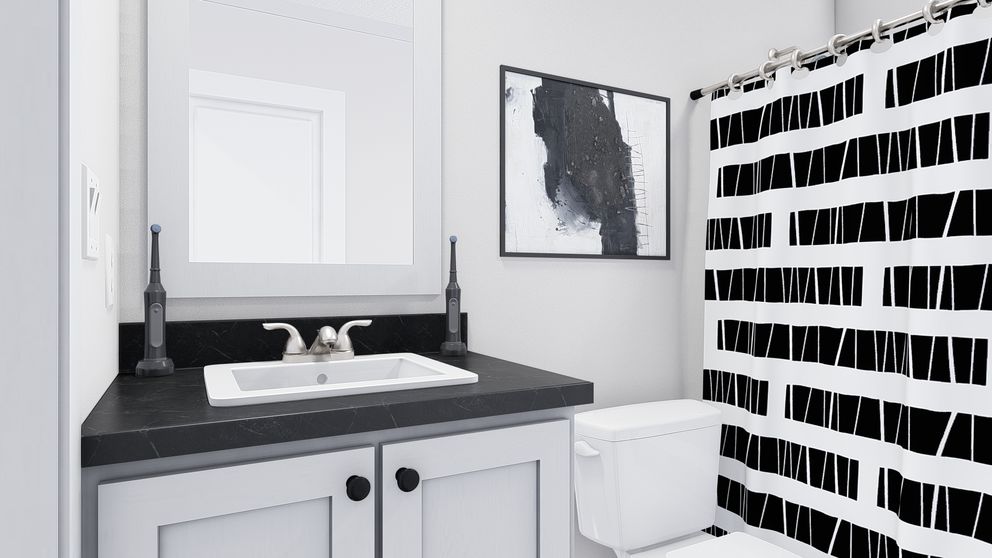 The JOHNNY B GOODE Guest Bathroom. This Manufactured Mobile Home features 3 bedrooms and 2 baths.