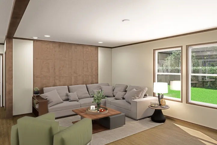 The RIO Living Room. This Manufactured Mobile Home features 3 bedrooms and 2 baths.