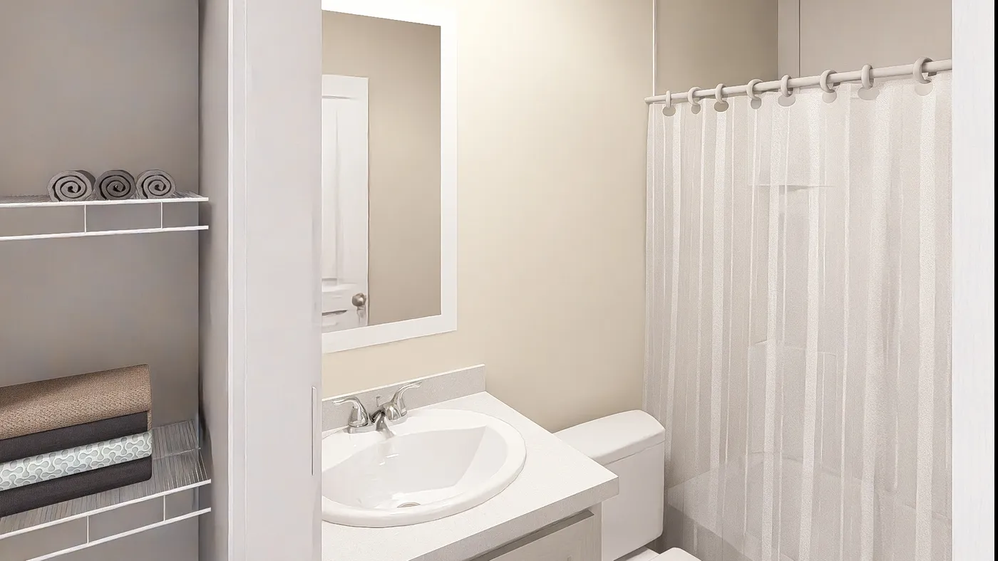 The GARNET Guest Bathroom. This Manufactured Mobile Home features 3 bedrooms and 2 baths.