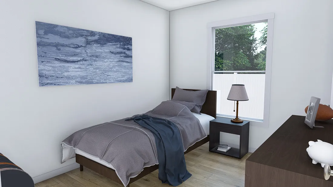 The RHYTHM NATION 6616 TEMPO Bedroom. This Manufactured Mobile Home features 3 bedrooms and 2 baths.