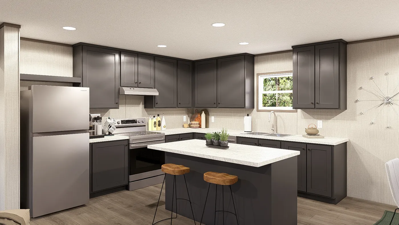The LEGEND 28X56 3 BR Kitchen. This Manufactured Mobile Home features 3 bedrooms and 2 baths.