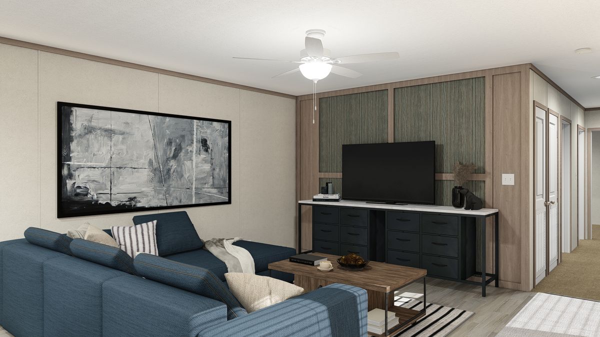 The 7616-4714 THE PULSE Living Room. This Manufactured Mobile Home features 3 bedrooms and 2 baths.
