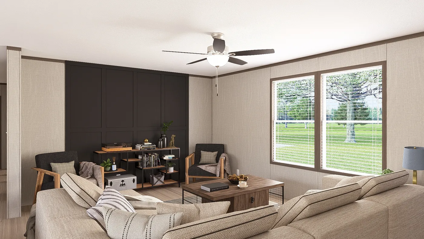 The THE RESERVE 60 Living Room. This Manufactured Mobile Home features 3 bedrooms and 2 baths.