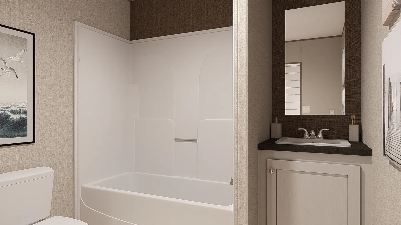 The BLAZER 48 A Primary Bathroom. This Manufactured Mobile Home features 2 bedrooms and 1 bath.