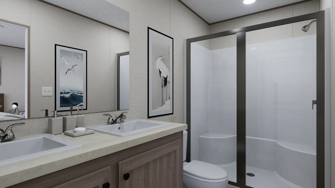 The FOOTHILLS 66 Primary Bathroom. This Manufactured Mobile Home features 3 bedrooms and 2 baths.
