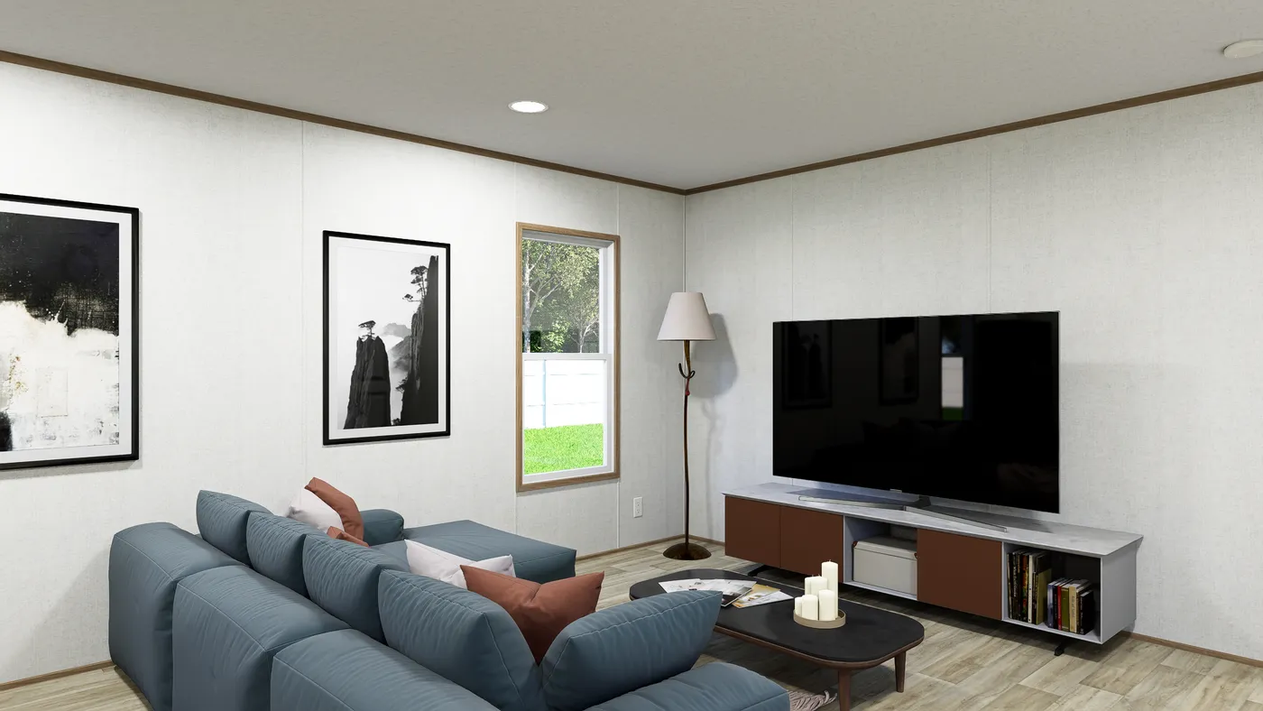 The ATLAS Living Room. This Manufactured Mobile Home features 2 bedrooms and 2 baths.