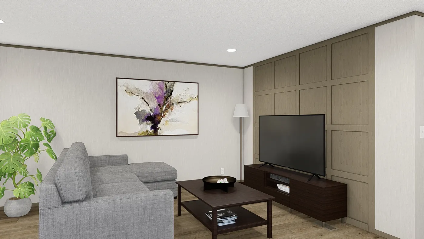 The HUDSON Living Room. This Manufactured Mobile Home features 3 bedrooms and 2 baths.