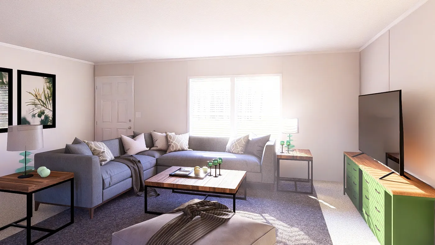 The GARNET Living Room. This Manufactured Mobile Home features 3 bedrooms and 2 baths.