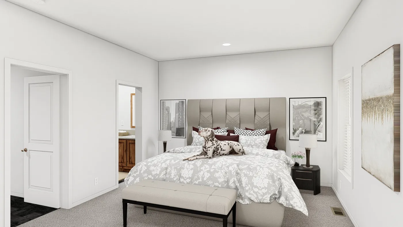 The DRM683F 68'              DREAM Primary Bedroom. This Manufactured Mobile Home features 3 bedrooms and 2 baths.