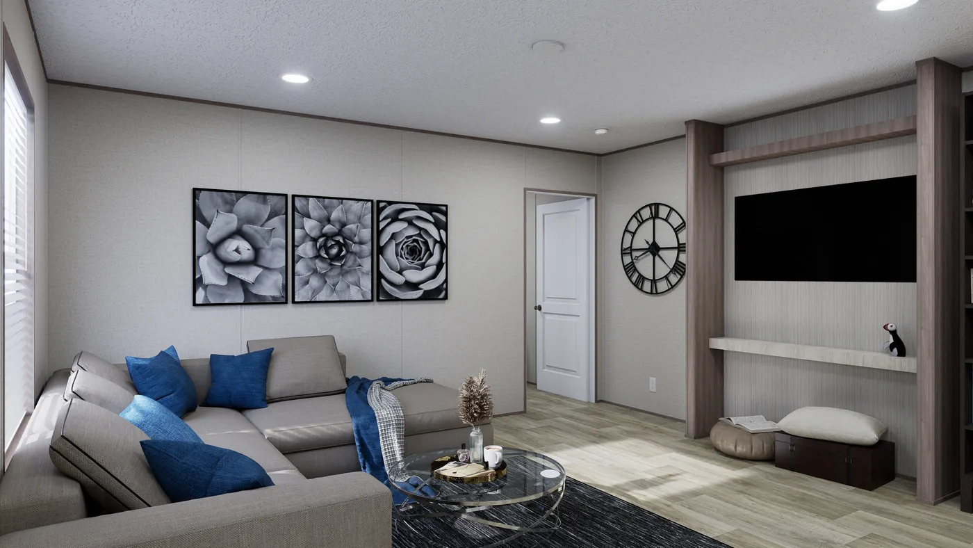 The FOOTHILLS 72 Living Room. This Manufactured Mobile Home features 3 bedrooms and 2 baths.