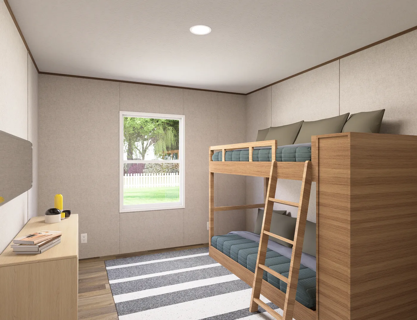 The SPRUCE Guest Bedroom. This Manufactured Mobile Home features 3 bedrooms and 2 baths.