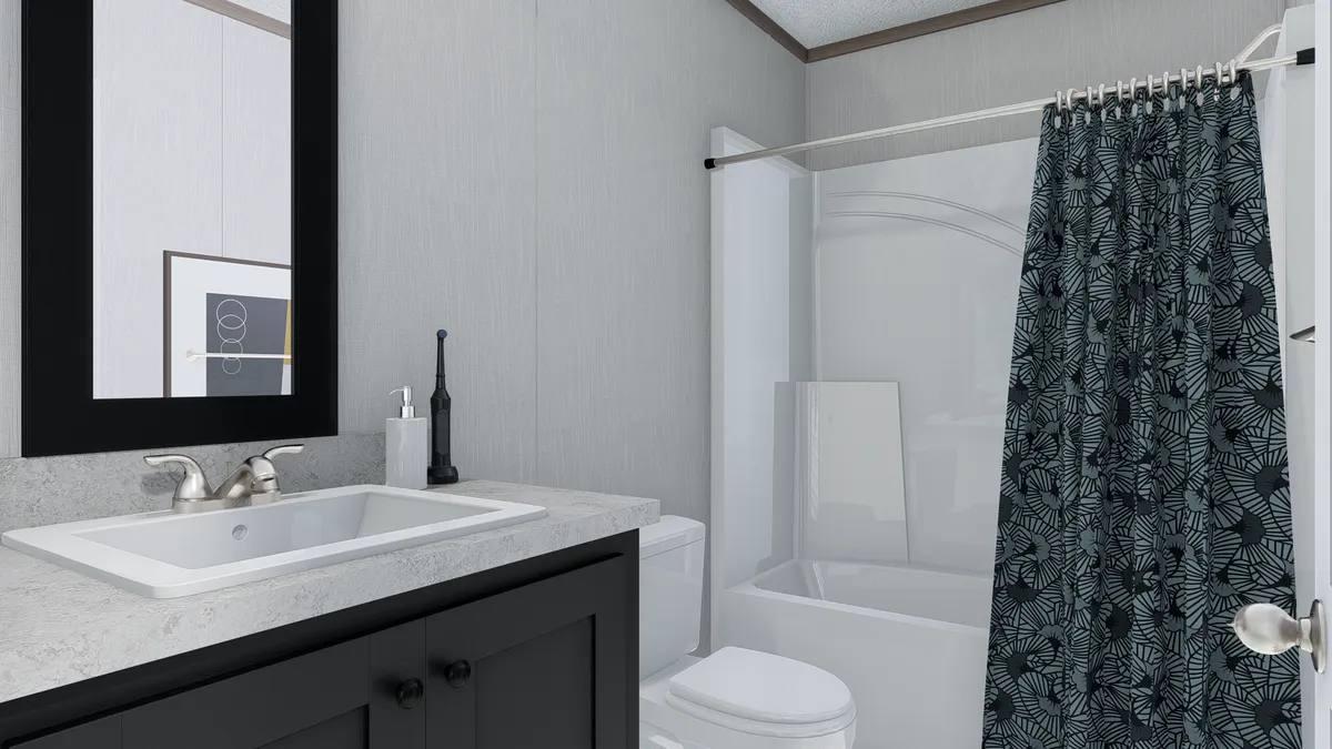 The 4814-4790 THE PULSE Primary Bathroom. This Manufactured Mobile Home features 2 bedrooms and 1 bath.
