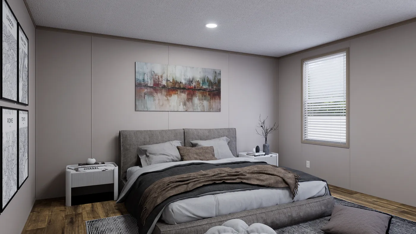 The MOUNTAIN BREEZE 3260 Primary Bedroom. This Manufactured Mobile Home features 3 bedrooms and 2 baths.