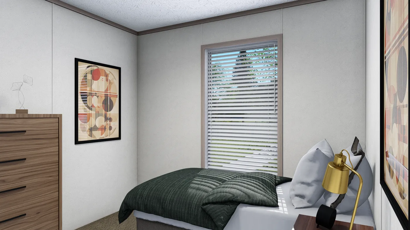 The 5624-E744 THE PULSE Guest Bedroom. This Manufactured Mobile Home features 3 bedrooms and 2 baths.