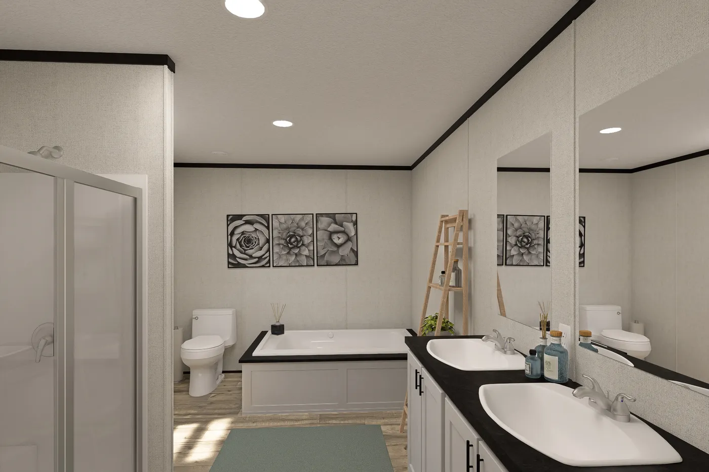 The THE MOUNTAINEER 48 Primary Bathroom. This Manufactured Mobile Home features 3 bedrooms and 2 baths.