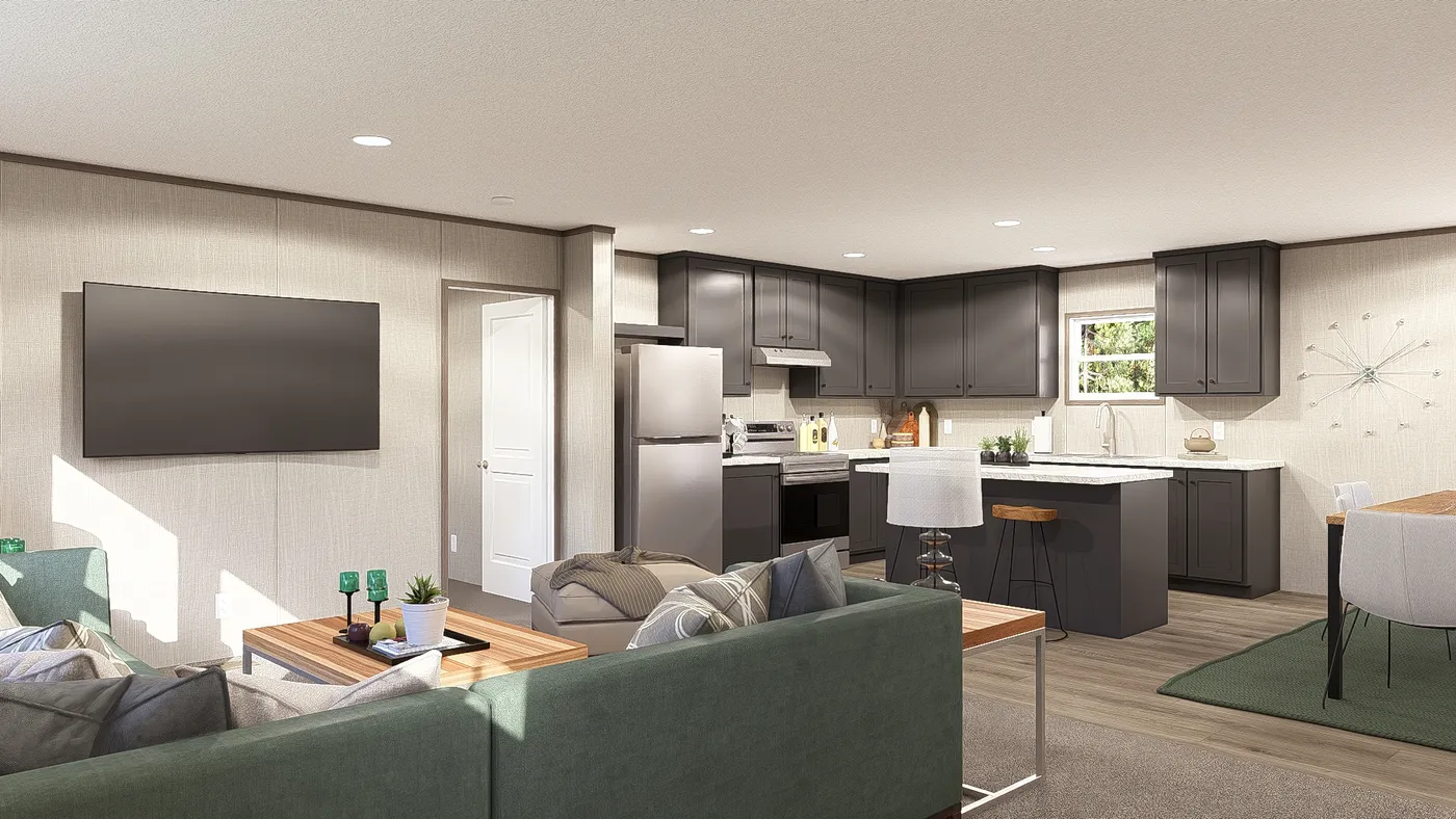 The LEGEND 28X56 3 BR Living Room. This Manufactured Mobile Home features 3 bedrooms and 2 baths.