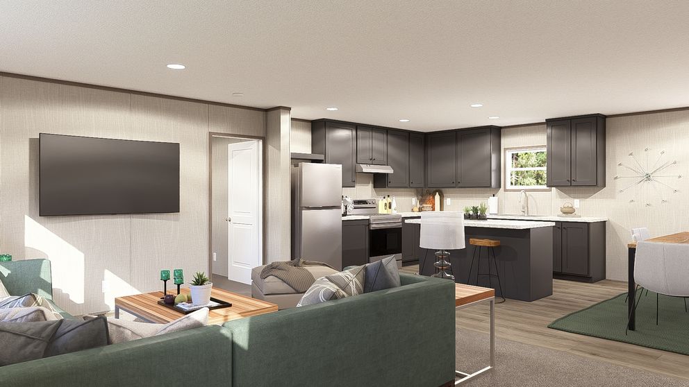 The LEGEND 28X56 3 BR Living Room. This Manufactured Mobile Home features 3 bedrooms and 2 baths.