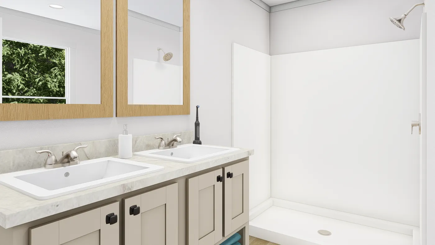 The HERE COMES THE SUN 4824 TEMPO Primary Bathroom. This Manufactured Mobile Home features 3 bedrooms and 2 baths.
