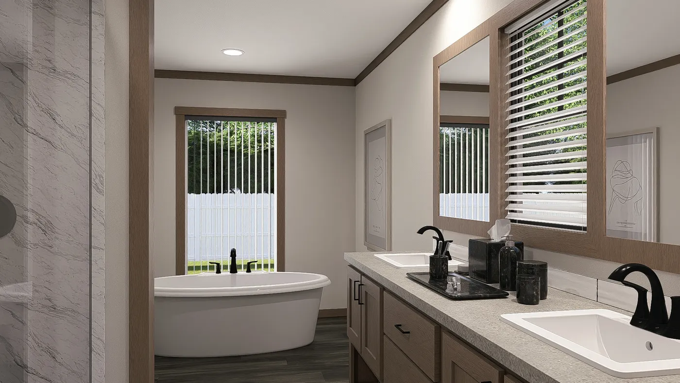 The LIZZIE ELITE Primary Bathroom. This Manufactured Mobile Home features 3 bedrooms and 2 baths.