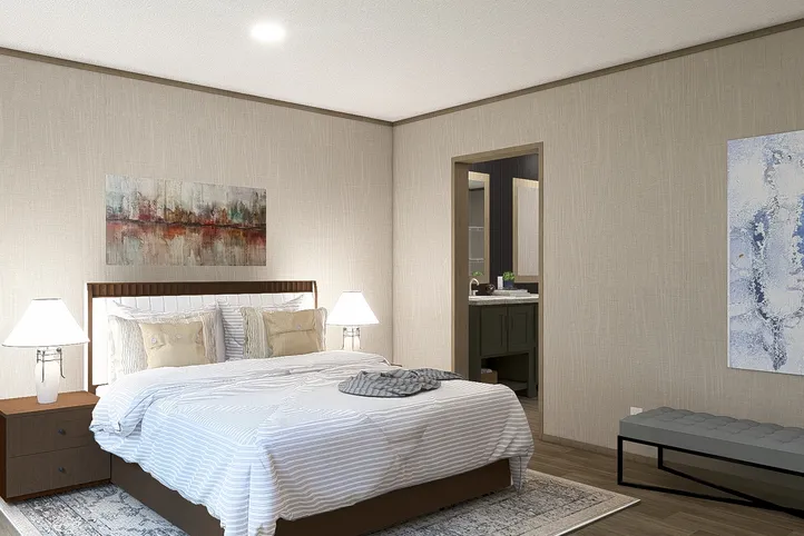 The RIO Primary Bedroom. This Manufactured Mobile Home features 3 bedrooms and 2 baths.