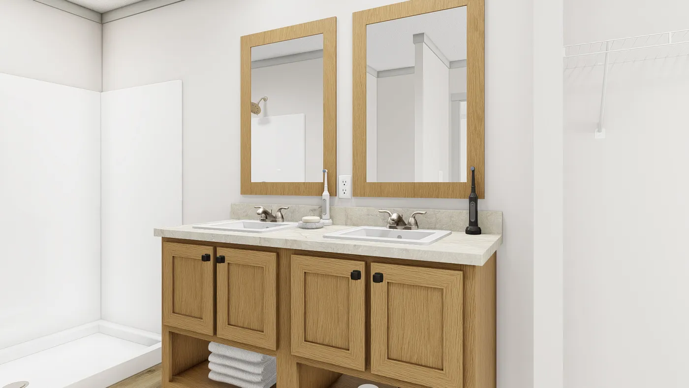 The SOLSBURY HILL Primary Bathroom. This Manufactured Mobile Home features 3 bedrooms and 2 baths.