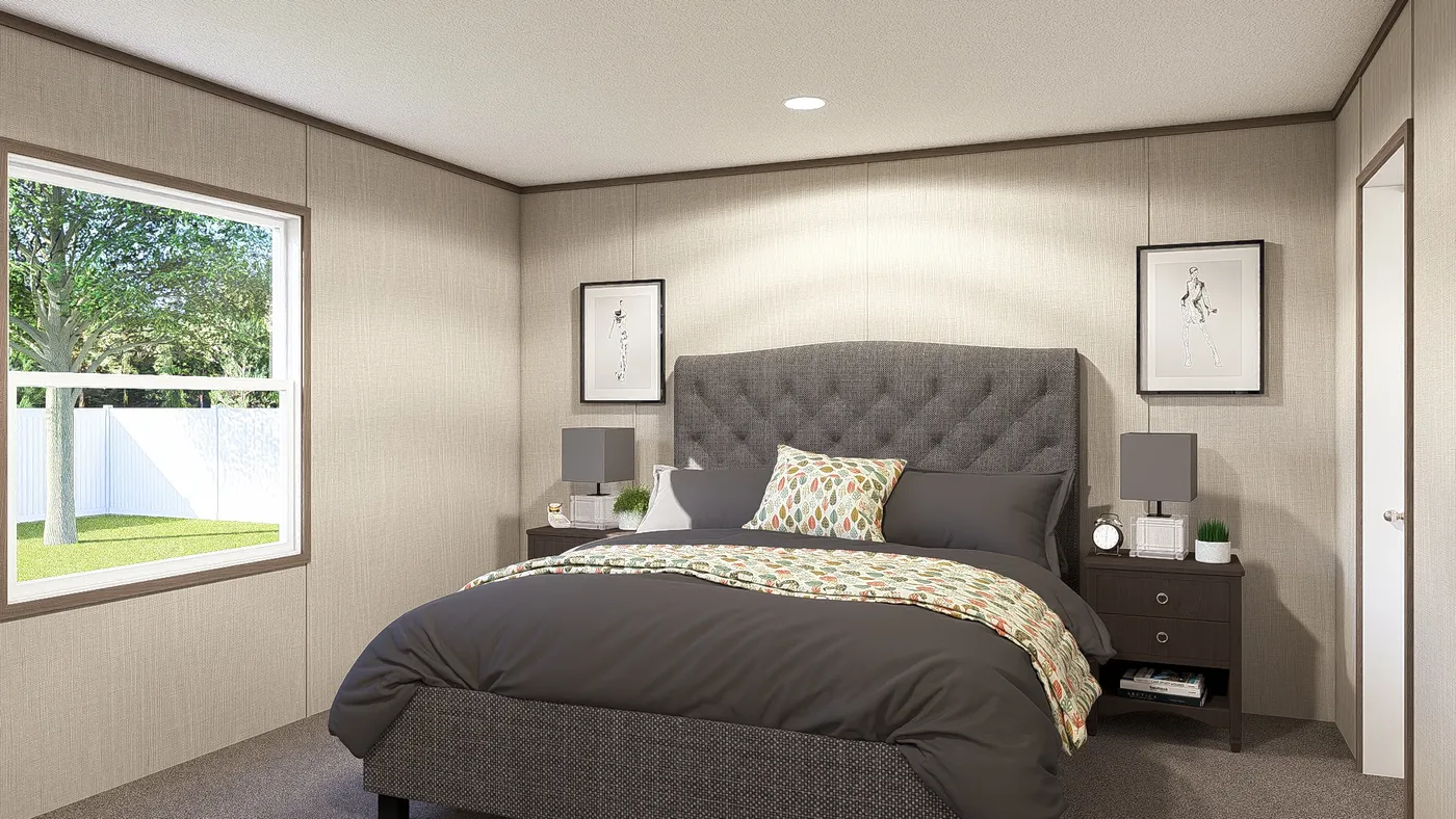 The LEGEND 28X56 3 BR Primary Bedroom. This Manufactured Mobile Home features 3 bedrooms and 2 baths.