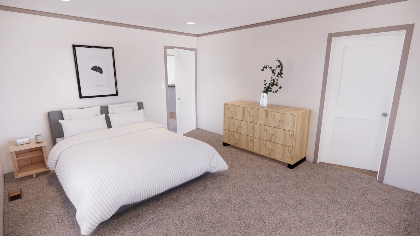 The 5228-E201 ADRENALINE Primary Bedroom. This Manufactured Mobile Home features 3 bedrooms and 2 baths.