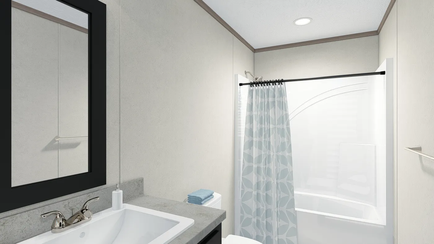 The 5216-4790 THE PULSE Primary Bathroom. This Manufactured Mobile Home features 2 bedrooms and 1 bath.