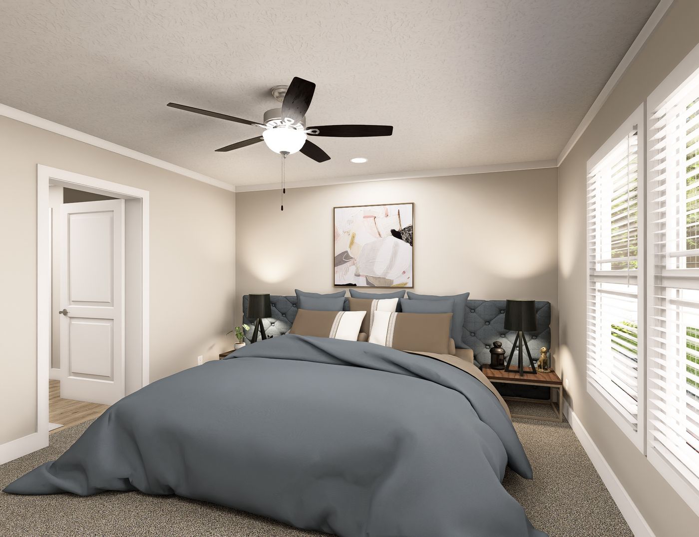 The CLASSIC 60B Primary Bedroom. This Manufactured Mobile Home features 3 bedrooms and 2 baths.