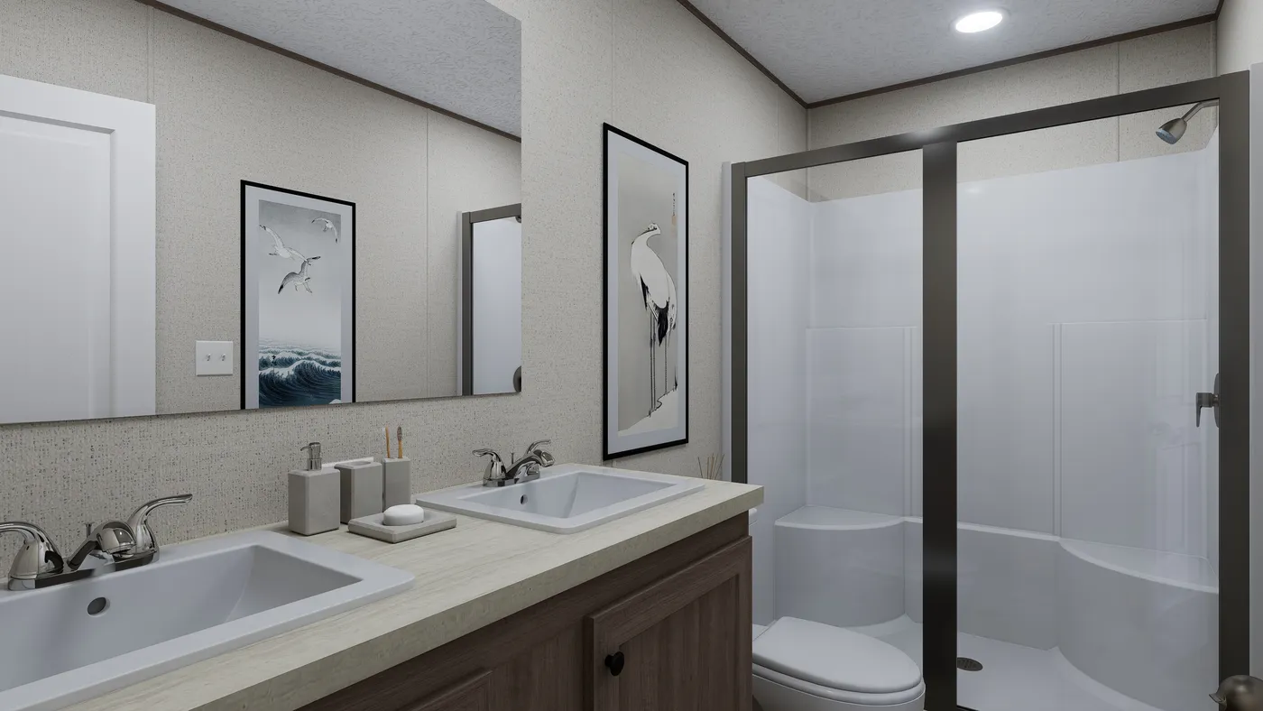 The FOOTHILLS 56 Primary Bathroom. This Manufactured Mobile Home features 2 bedrooms and 2 baths.
