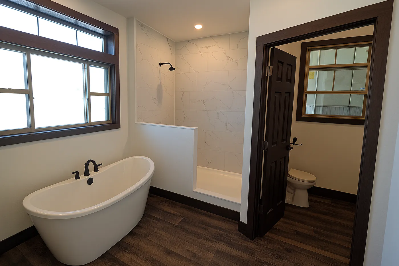 The LEGEND 402 MOD Primary Bathroom. This Modular Home features 3 bedrooms and 2 baths.