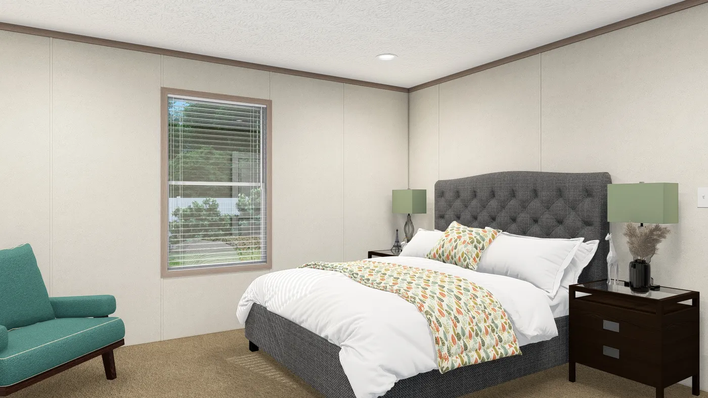 The 4428-E781 THE PULSE Primary Bedroom. This Manufactured Mobile Home features 3 bedrooms and 2 baths.