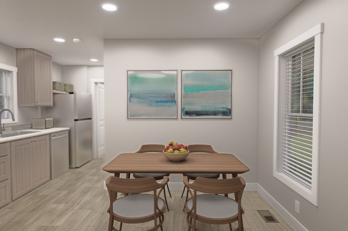 The RIGHT CHOICE 106 Dining Room. This Manufactured Mobile Home features 3 bedrooms and 2 baths.