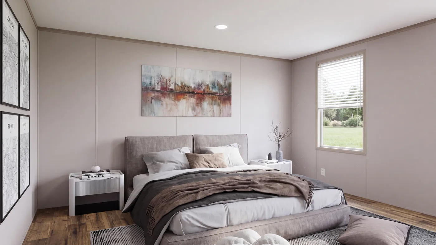 The MOUNTAIN BREEZE 3260 Primary Bedroom. This Manufactured Mobile Home features 3 bedrooms and 2 baths.