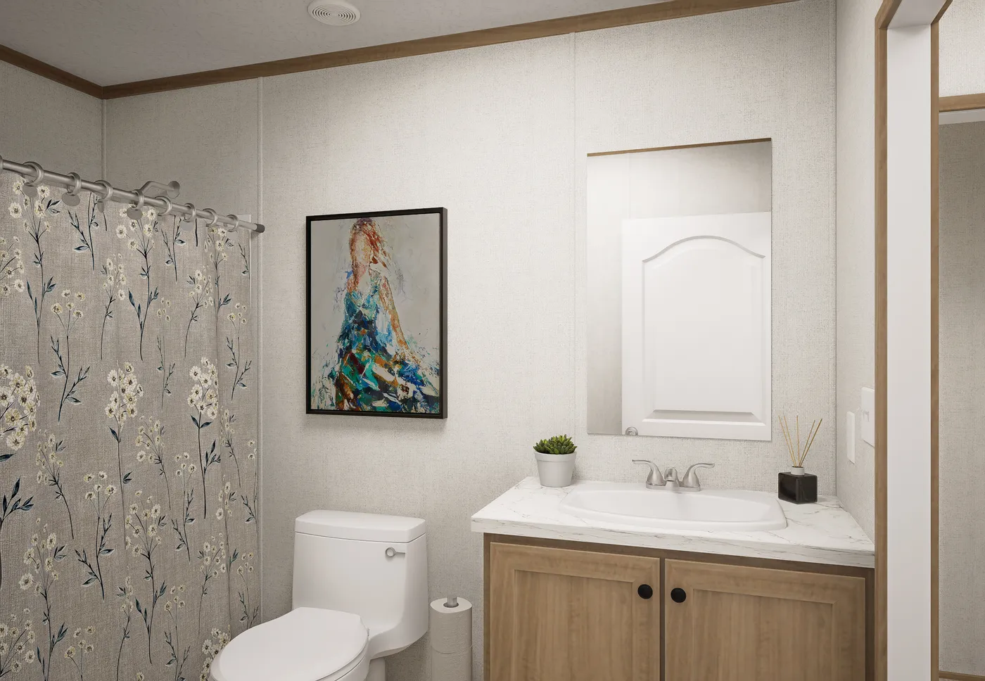 The THE MOUNTAINEER 68 Guest Bathroom. This Manufactured Mobile Home features 4 bedrooms and 2 baths.