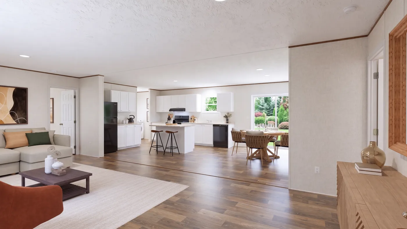 The SPRUCE Foyer. This Manufactured Mobile Home features 3 bedrooms and 2 baths.