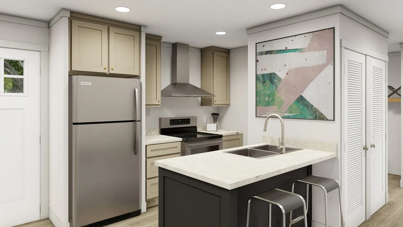 The SATISFACTION Kitchen. This Manufactured Mobile Home features 2 bedrooms and 1 bath.