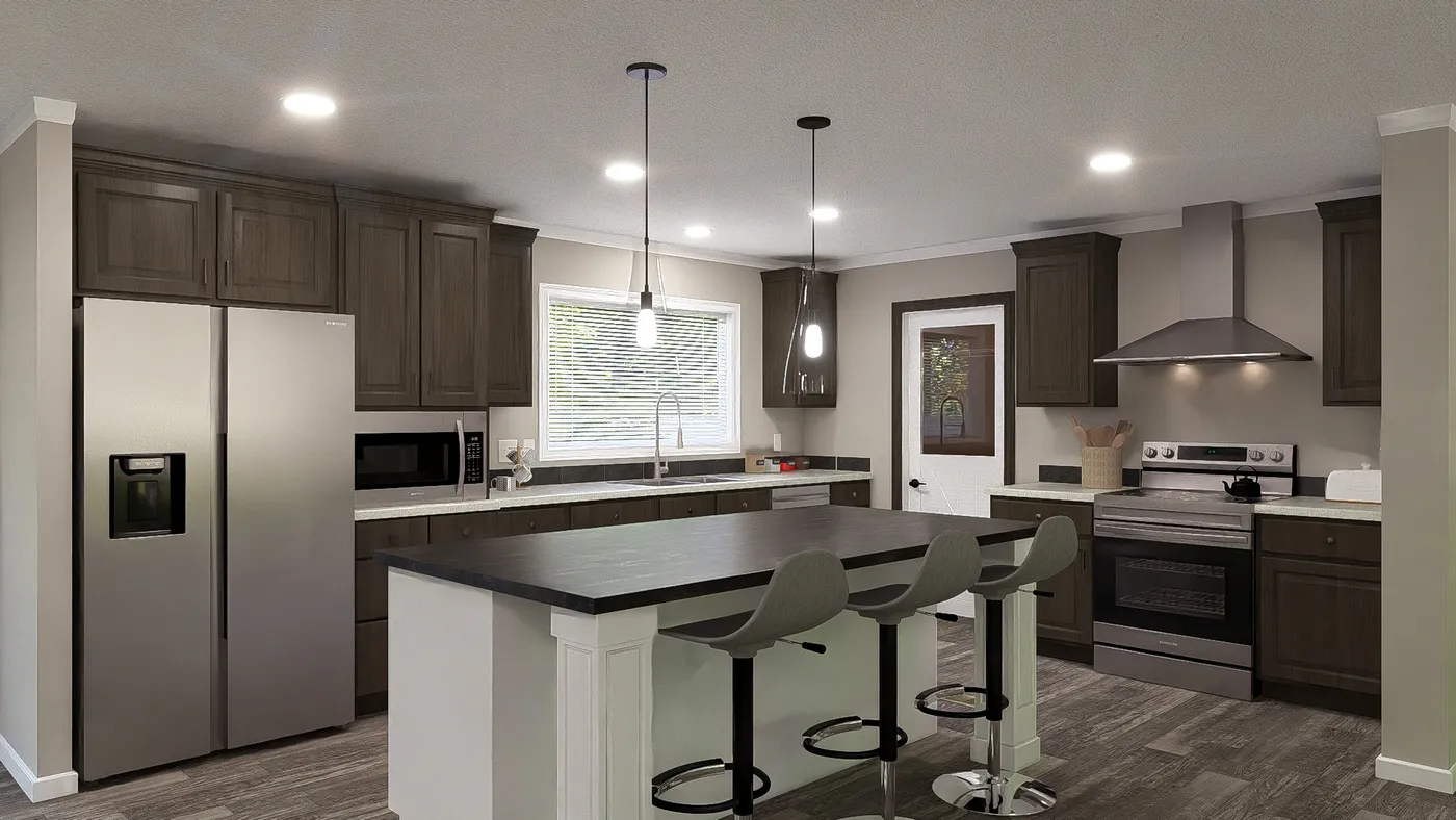 The THE LIL' EASY Kitchen. This Manufactured Mobile Home features 3 bedrooms and 2 baths.