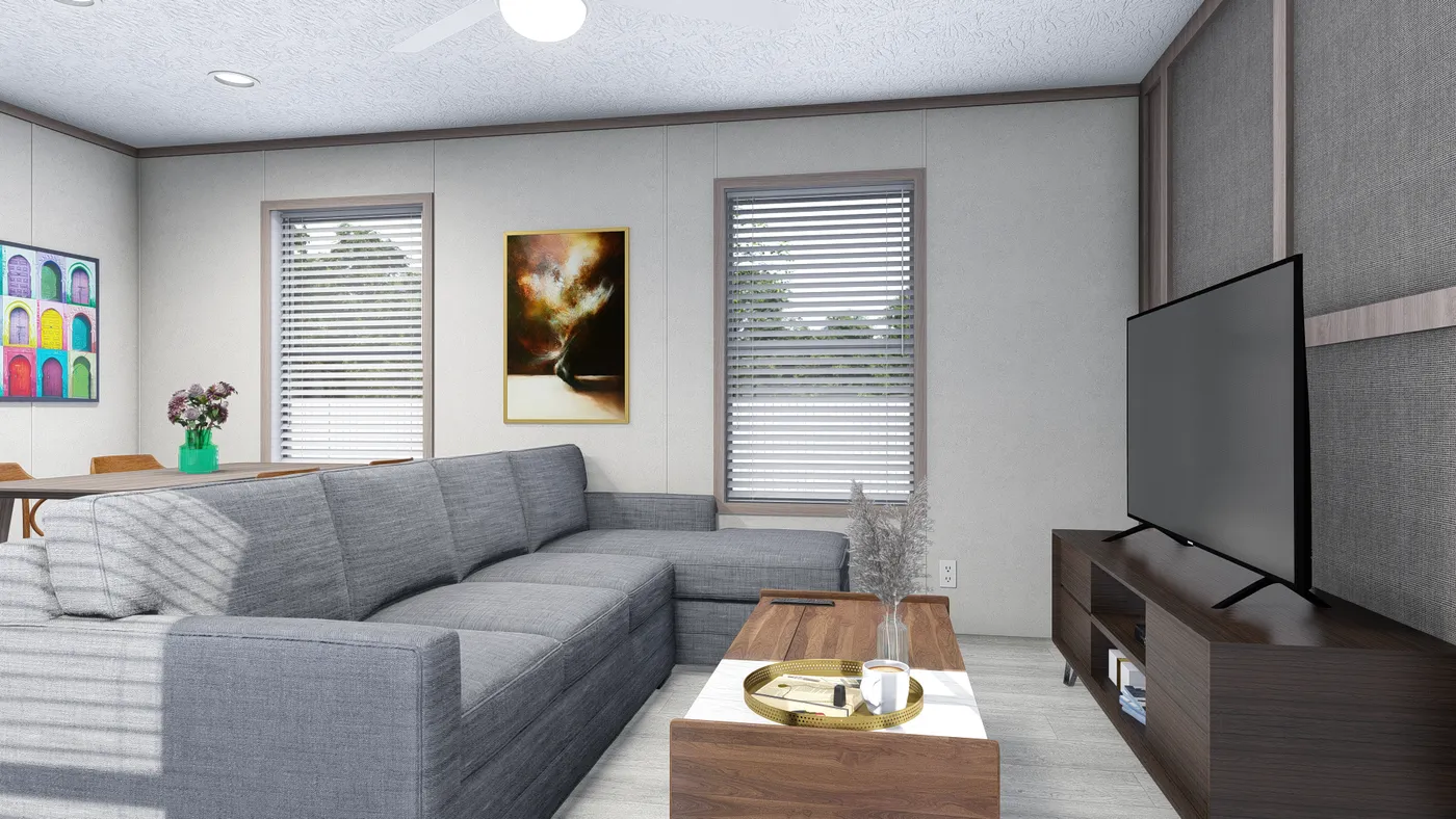 The 5614-4701 THE PULSE Living Room. This Manufactured Mobile Home features 2 bedrooms and 1 bath.