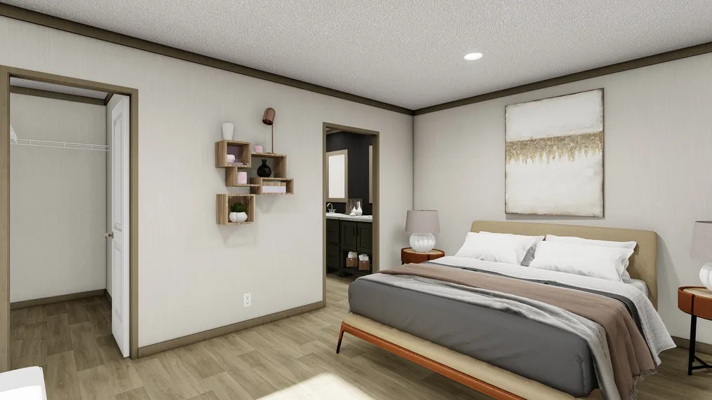 The SYDNEY Primary Bedroom. This Manufactured Mobile Home features 3 bedrooms and 2 baths.