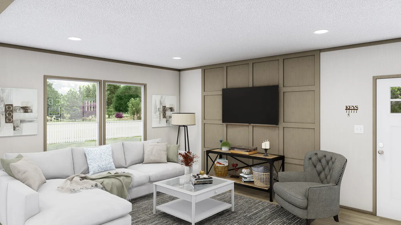 The COOK Living Room. This Manufactured Mobile Home features 3 bedrooms and 2 baths.
