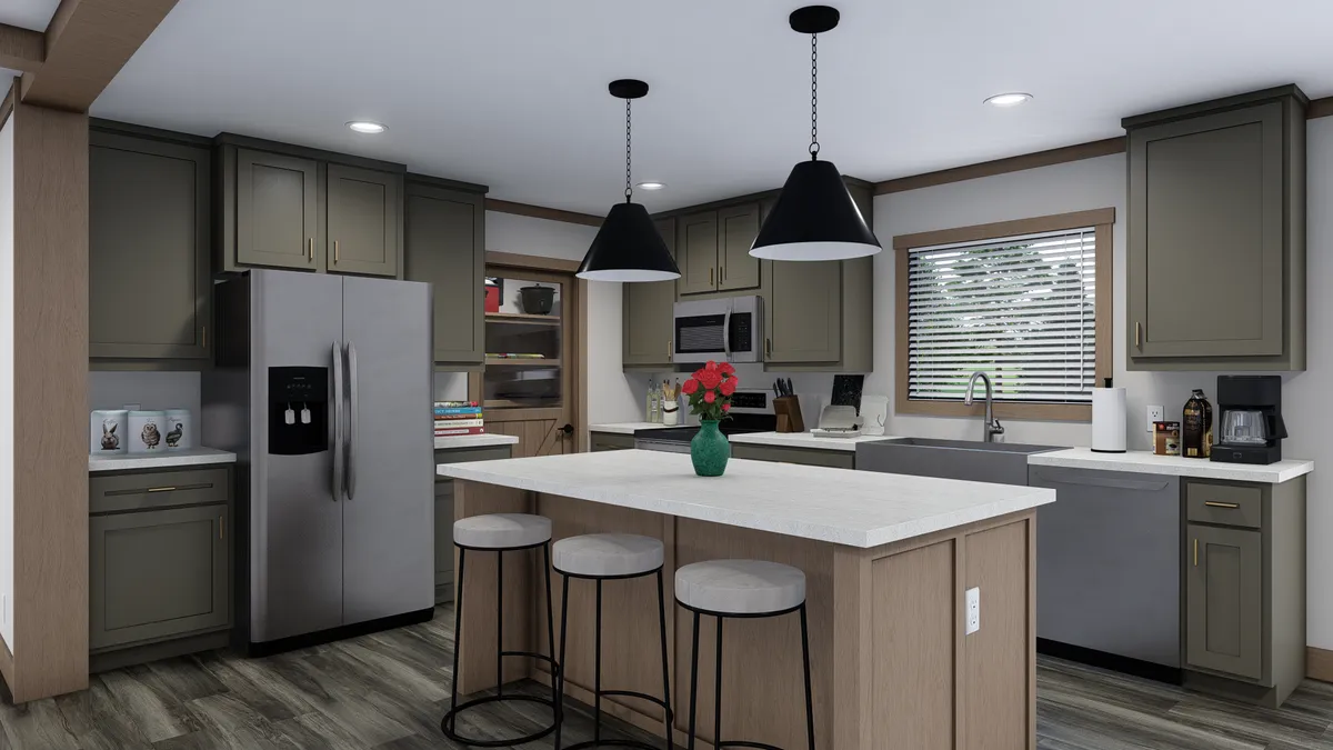 The FARM 3 FLEX Kitchen. This Manufactured Mobile Home features 3 bedrooms and 2 baths.