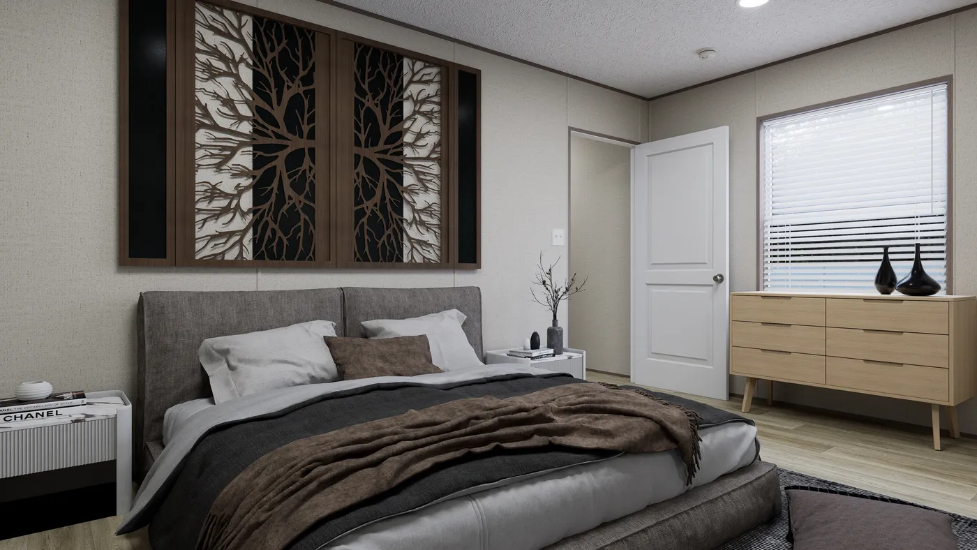 The ROCKY VALLEY Primary Bedroom. This Manufactured Mobile Home features 3 bedrooms and 2 baths.