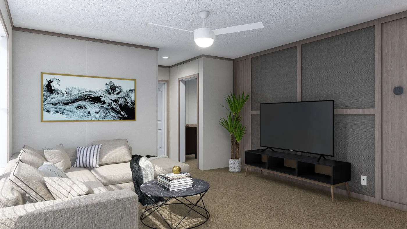 The 5624-E734P THE PULSE Living Room. This Manufactured Mobile Home features 3 bedrooms and 2 baths.