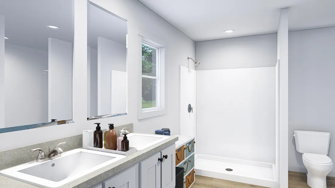 The 2856 LET IT BE Primary Bathroom. This Manufactured Mobile Home features 3 bedrooms and 2 baths.