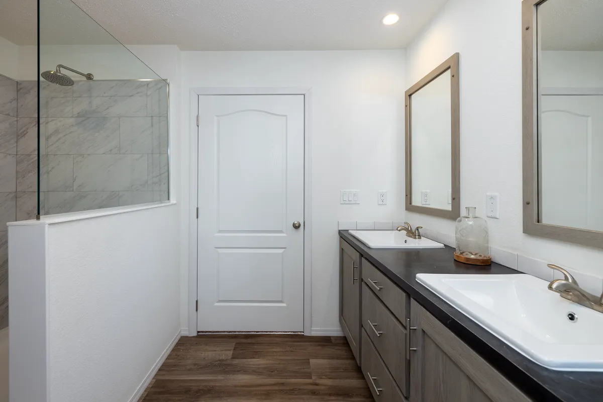 The ROOSEVELT MOD Primary Bathroom. This Modular Home features 3 bedrooms and 2 baths.