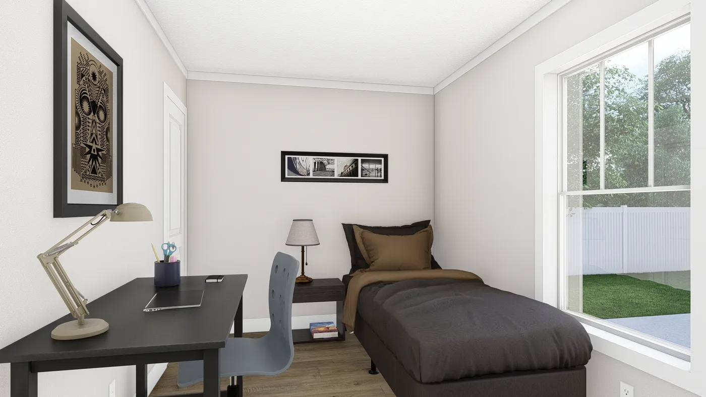 The RHYTHM NATION Guest Bedroom. This Manufactured Mobile Home features 3 bedrooms and 2 baths.