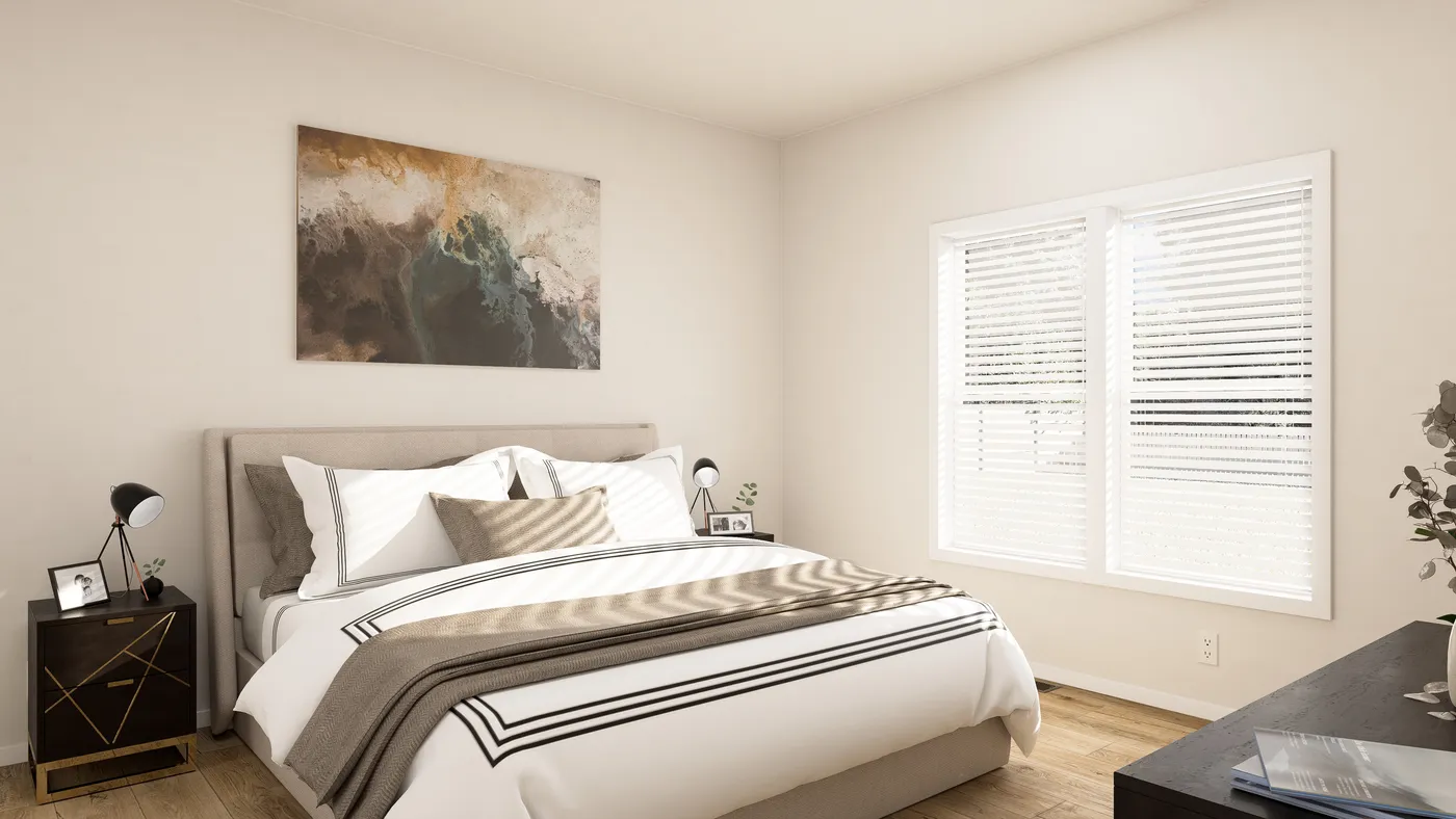The PREFERRED PLUS CP561F  CLAYTON Primary Bedroom. This Manufactured Mobile Home features 3 bedrooms and 2 baths.